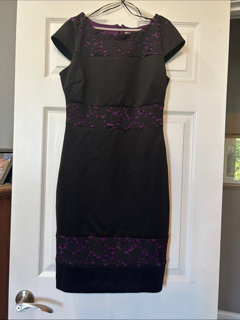 Signature by Sangria Black Midi Sheath Dress with Purple Floral Insets